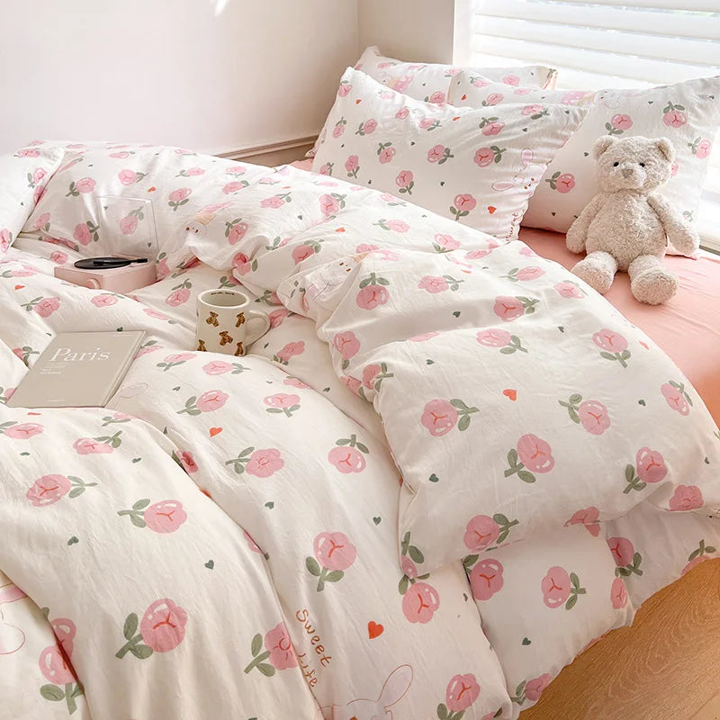 Ins Simple Flower Bed LinenTwin Full Queen King Size Bed Sheets Set  Adults Kids Floral Bed Comforter Sets Bed Duvets Kawaii