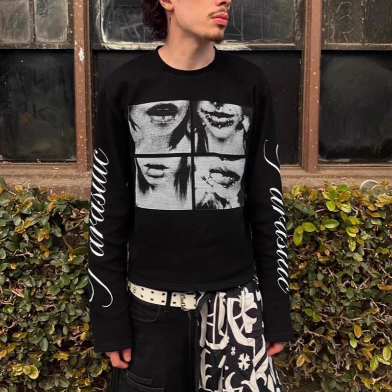 Unisex Dark Street Punk Long Sleeved T-shirt American Letter Print Top for Men And Women