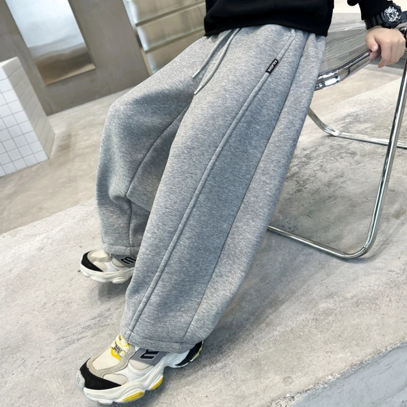 Minimalism Style Kids Cotton Knitted Sports Pants for Boys Casual Wide Leg Trousers Trackpants Children Black Grey Sweatpants