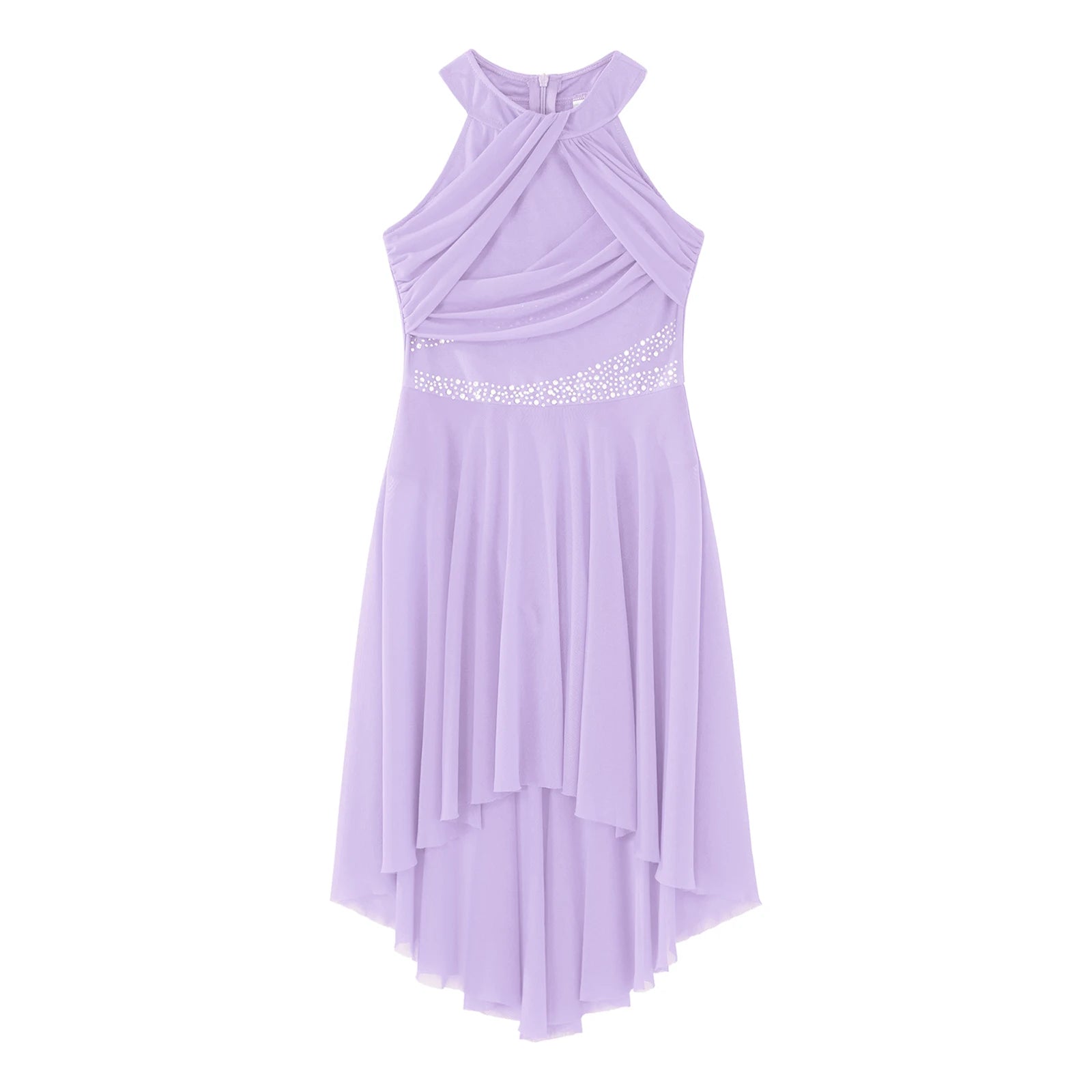 Teen Girls Modern Lyrical Dance Dress Latin Ballet Gymnastics Skating Clothes Sleeveless Shiny Rhinestone Ruched Leotard Tutu