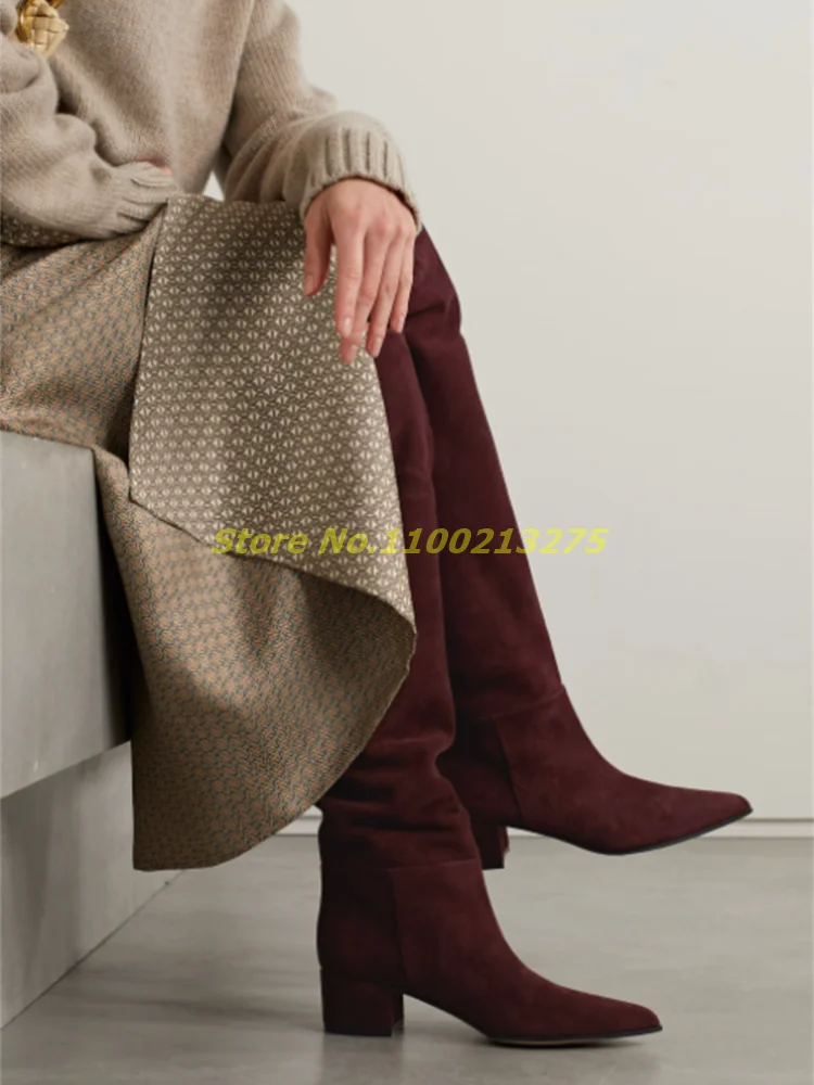 Block Heel Knee High Suede Boots Square High Heel Back Zipper Tan Black Fashion 2025 Winter Women Dress Shoes