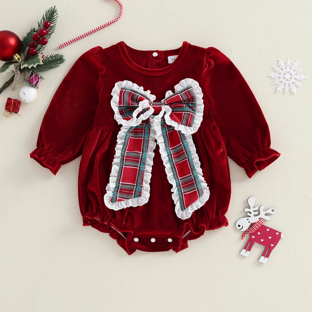 Christmas Infant Baby Girl Velvet Romper Xmas Newborn Coton Loose Decorative Bow Bubble Overall Kids Long Sleeve Jumpsuit