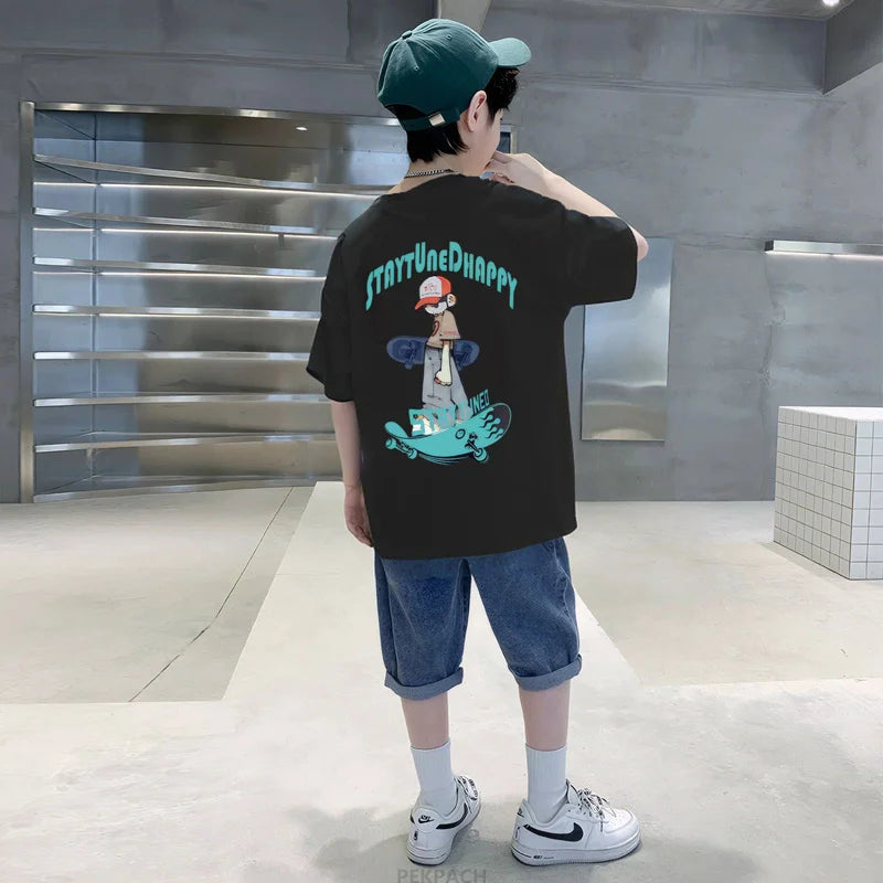 Teens Boy New Summer Clothing Set Cartoon Outfit Children Casual Short Sleeve T-shirt + Denim Shorts 2 Pieces Clothes Tracksuit