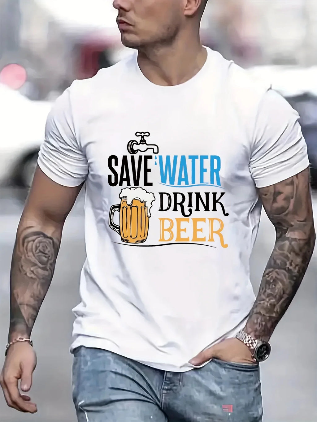Men's summer 100% pure cotton Creative beer graphic printed fashionable and casual loose round neck short sleeved T-shirt top