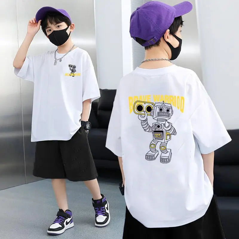 2025 summer Teens Boys Clothes set Outfit Kid robot fashion Tracksuit Child t-shirt top + solid shorts pant 4 7 8 10 12 14 Year