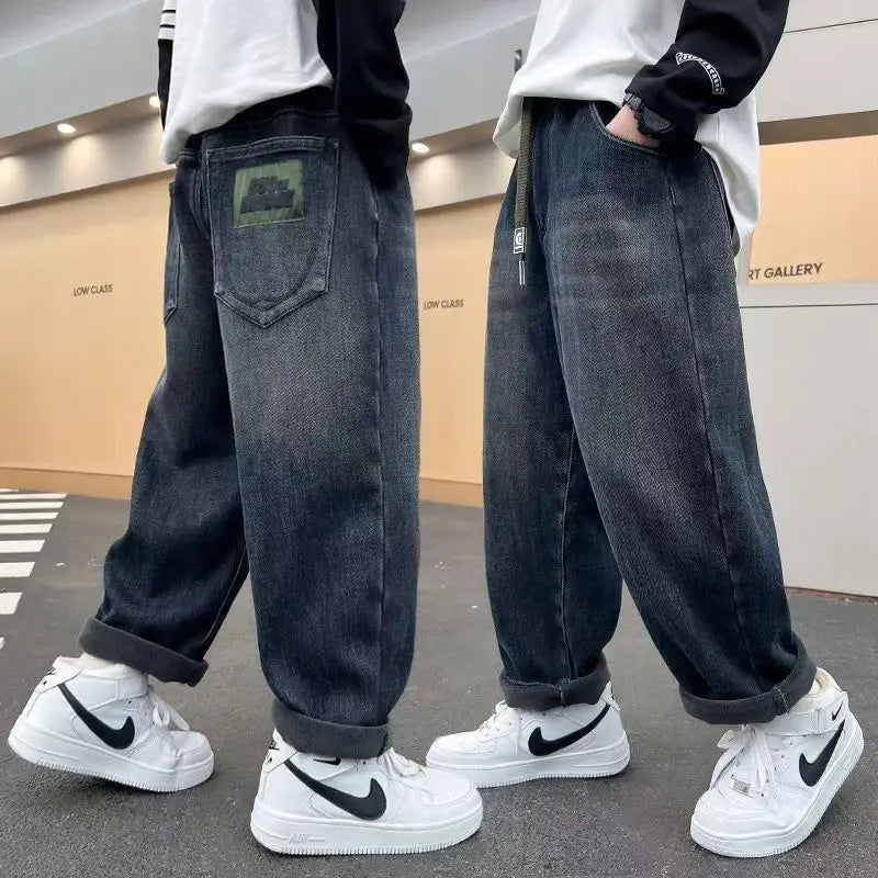 2-8Y Boys Jeans New Autumn Toddler Kid Casual Fashion Demin Pants Ins Cartoon Print Pocket Mid Waist Children Boys Trouser