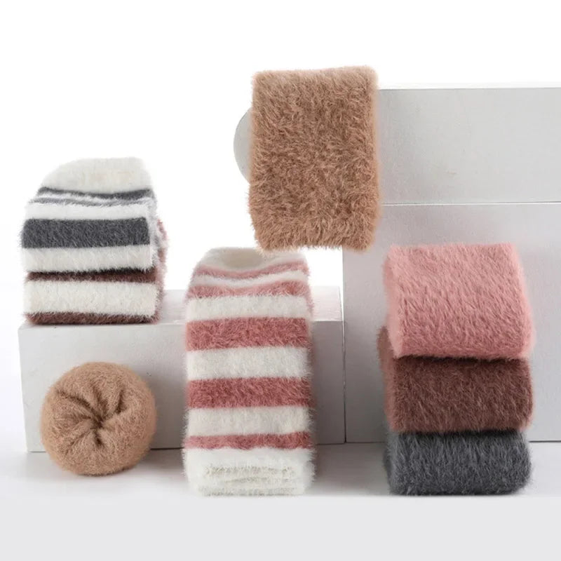 Winter Plush Long Socks for Boy Girl Korean Striped Warm Baby Knee High Socks Thick Mink Fur Anti-Cold Toddler Kids Floor Socks