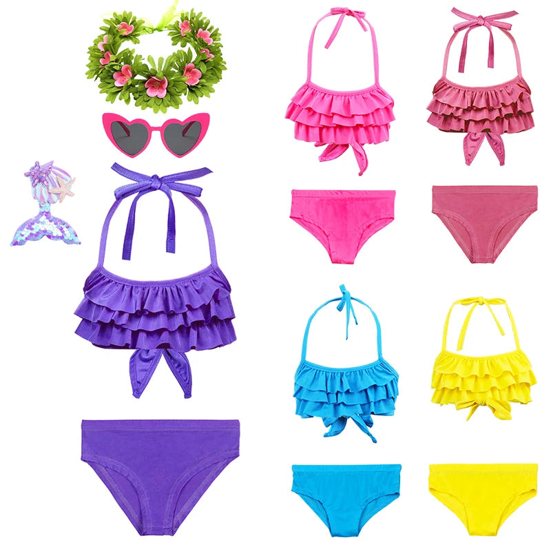 2Pcs/Set Fashion Girls Sling Bikini Summer Holiday Kids Swimsuit Children's Beach Vacation Beachwear Ruffle Style Split Swimwear