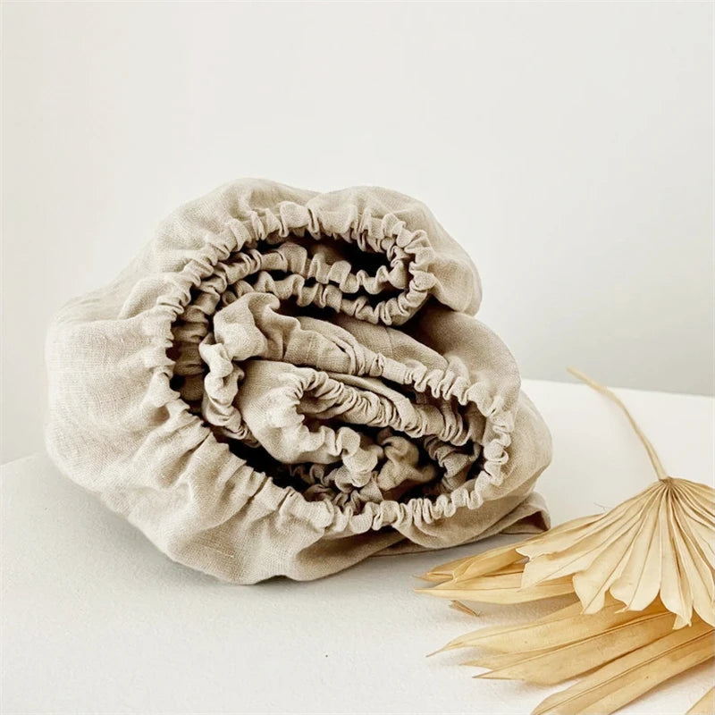 100% Linen Fitted Bed Sheet with Elastic Band Solid Color Anti-slip Adjustable Mattress Cover for Single Double King Queen Bed