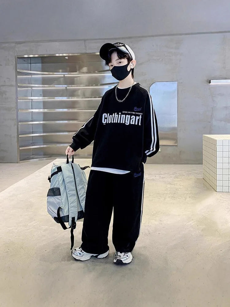 Teenager Boys Autumn Winter Cloth loose striped sweatshirt hooded + wide leg Pants tracksuit 5 8 10 12 Year Child set