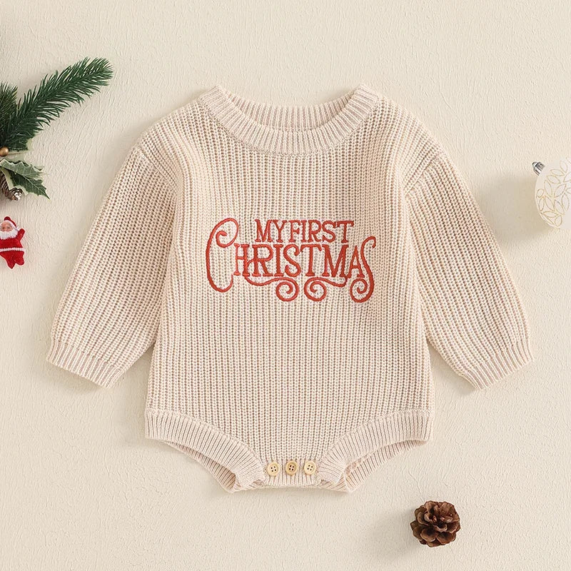 My First Christmas Baby Boys Girls Knit Bodysuits Kids Letter Embroidery Long Sleeve Sweater Romper Jumpsuits Clothes
