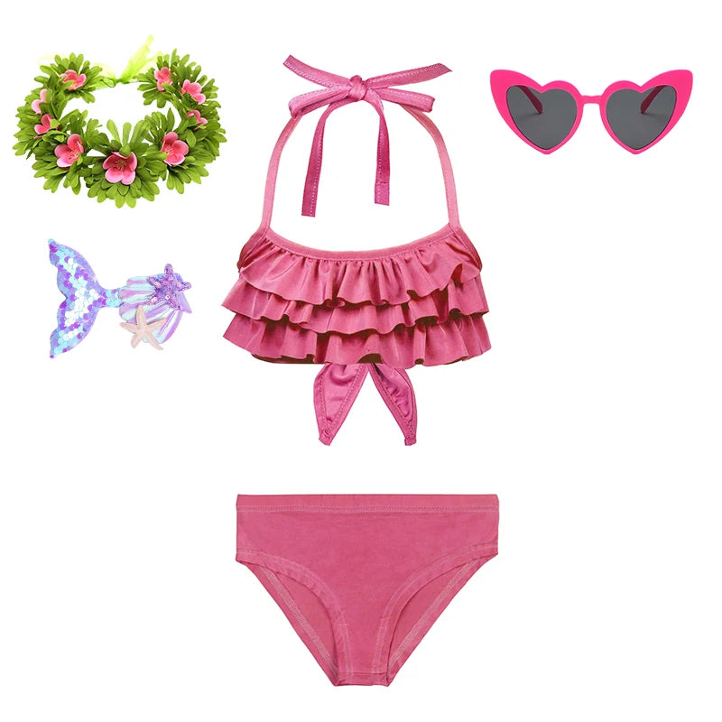 2Pcs/Set Fashion Girls Sling Bikini Summer Holiday Kids Swimsuit Children's Beach Vacation Beachwear Ruffle Style Split Swimwear