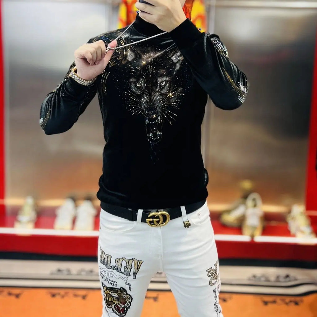 2025 Autumn Winter New Style Plus Velvet Diamond Jacquard Fashion European Sweatshirt Versatile Trendy Handsome Light Luxury Top