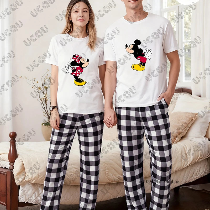 Men's Trousers Tracksuit 2 Piece Outfits Mickey & Minnie Print Tshirt+Plaid Pajamas Pant Set Couple Casual Suit Oversize Clothes