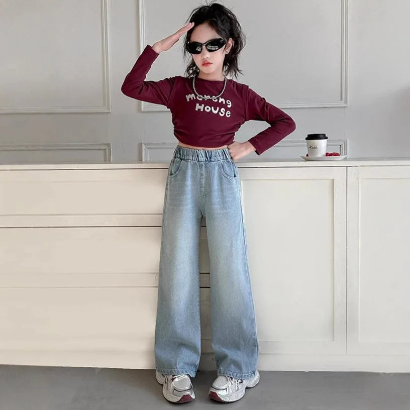 RAISE Autumn Teens Girls Denim Pants Elastic Waist Youth Girls Trousers Casual Pure Color Children Girls Jeans 3-12Y Girl Pants