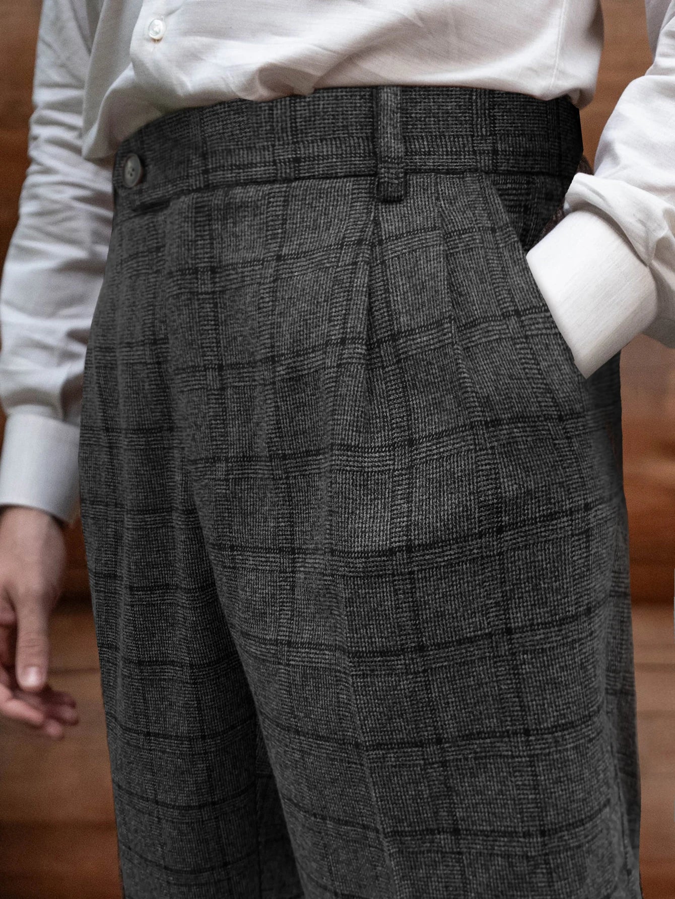 Men's Elegant Neapolitan Woolen Trousers Autumn Winter New Style Slim Fit High Waist Straight Leg Dress Pants with Checkered But