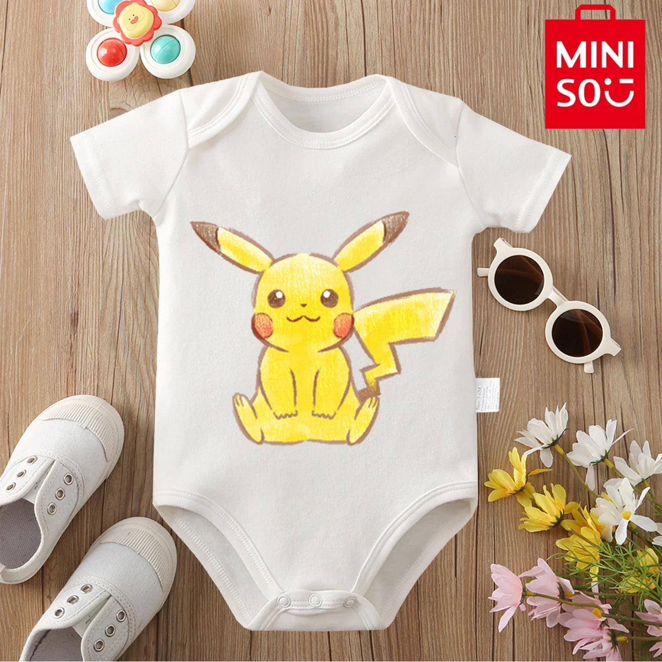 MINISO Pure Cotton Cute Pokemon Pikachu Print Bodysuit Baby Soft Cloths Gift for Baby Onesie Jumpsuit for 0 To 12 Months Newborn