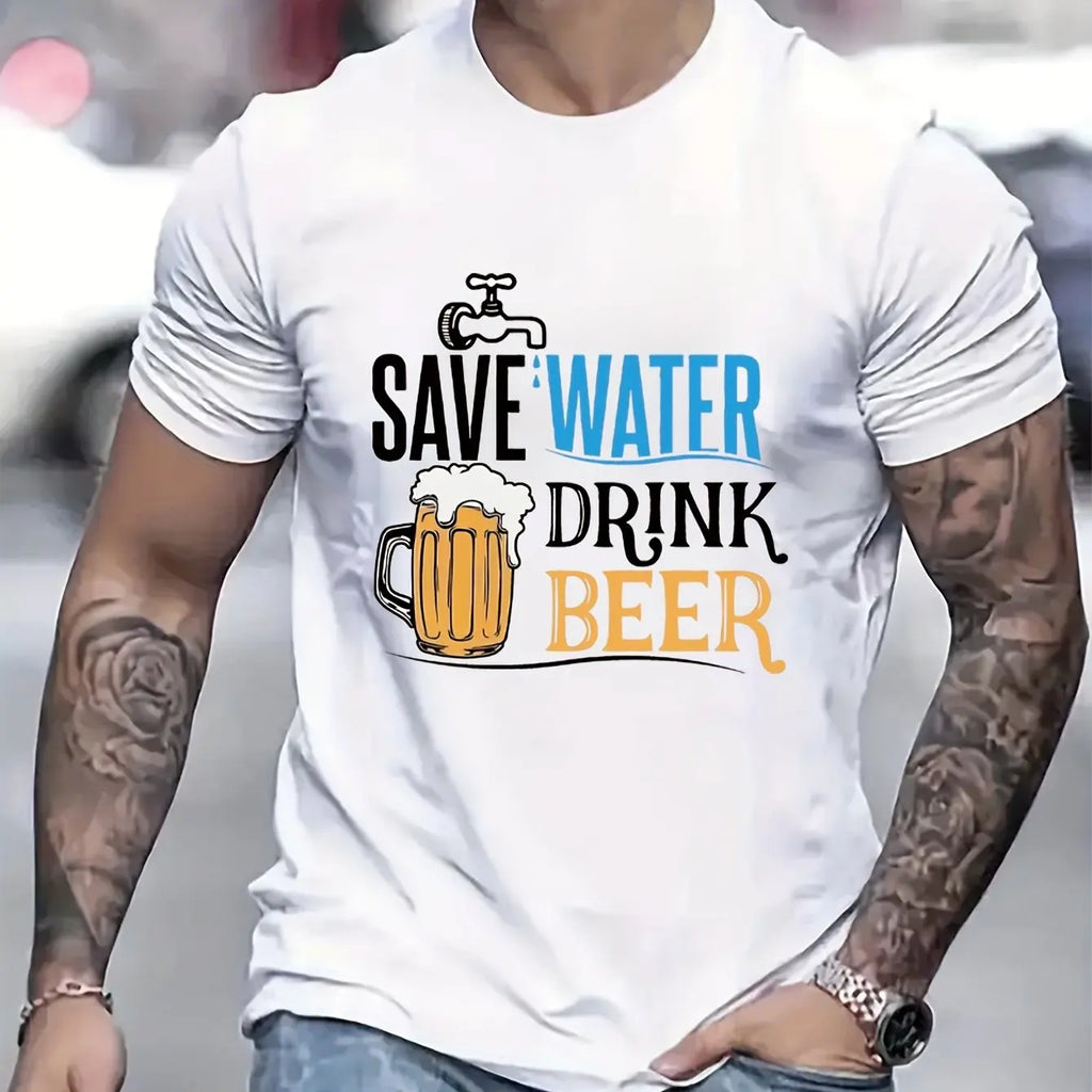 Men's summer 100% pure cotton Creative beer graphic printed fashionable and casual loose round neck short sleeved T-shirt top