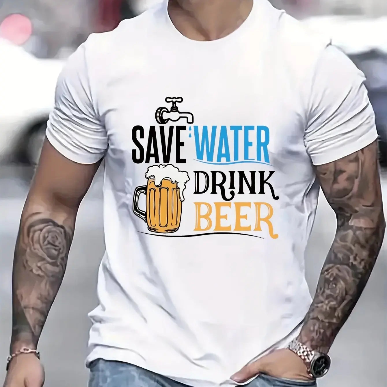 Men's summer 100% pure cotton Creative beer graphic printed fashionable and casual loose round neck short sleeved T-shirt top