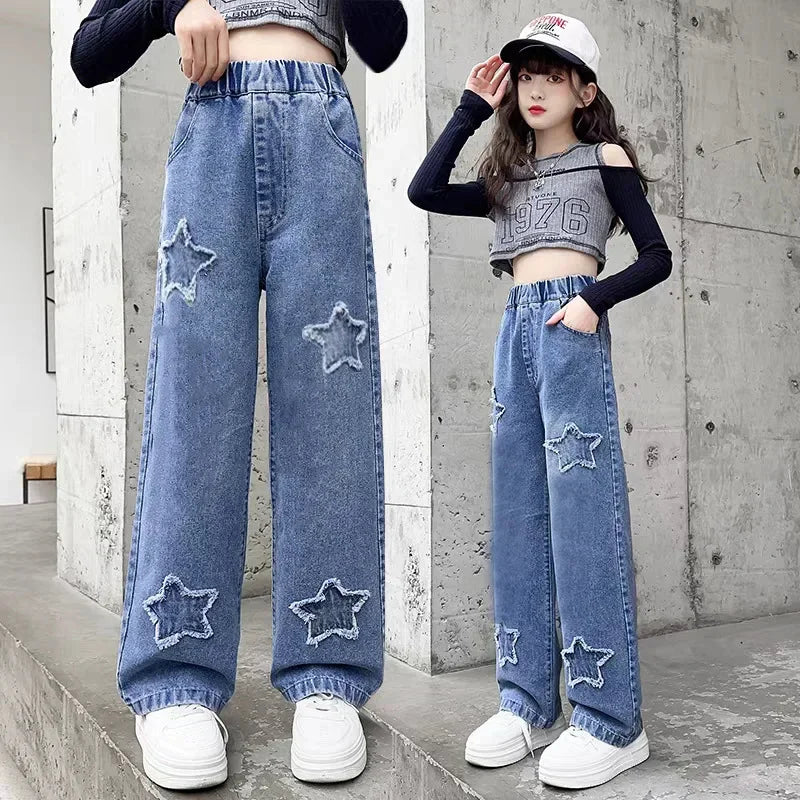 New 4-14 Years Spring Autumn Teenage Girls Jeans Full Print Bow Embroidery Fashion Wide-leg Denim Pants For Kids