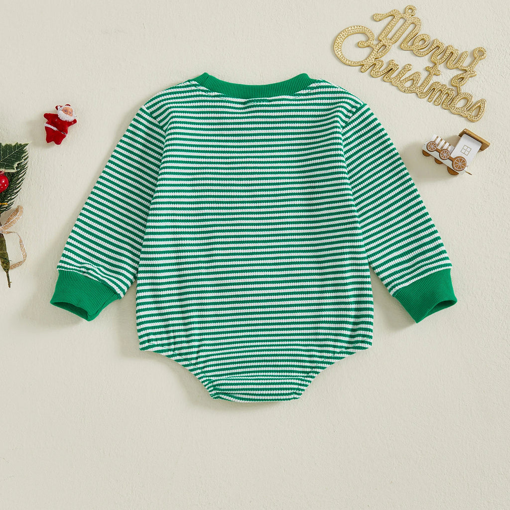 0-18M Infant Baby Striped Romper Santa Claus /Christmas Tree Embroidery Round Neck Long Sleeve Jumpsuit for Newborn Boy Girl
