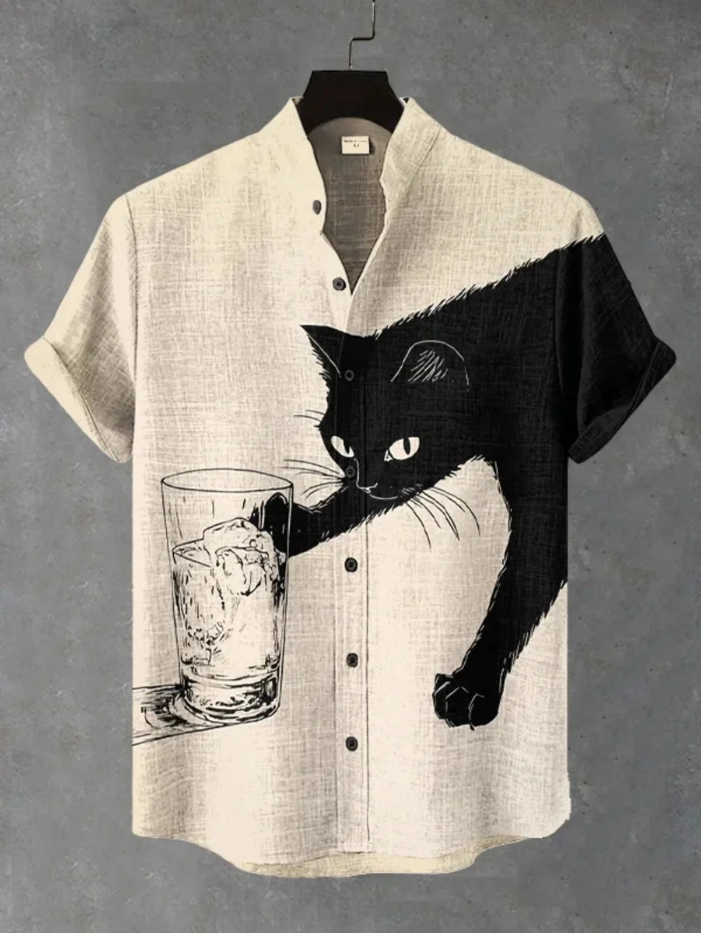 Men's Japanese Retro Art Black Cat Print Shirt Short Sleeve Stand up Collar Single Breasted Casual Linen Top for Vacation