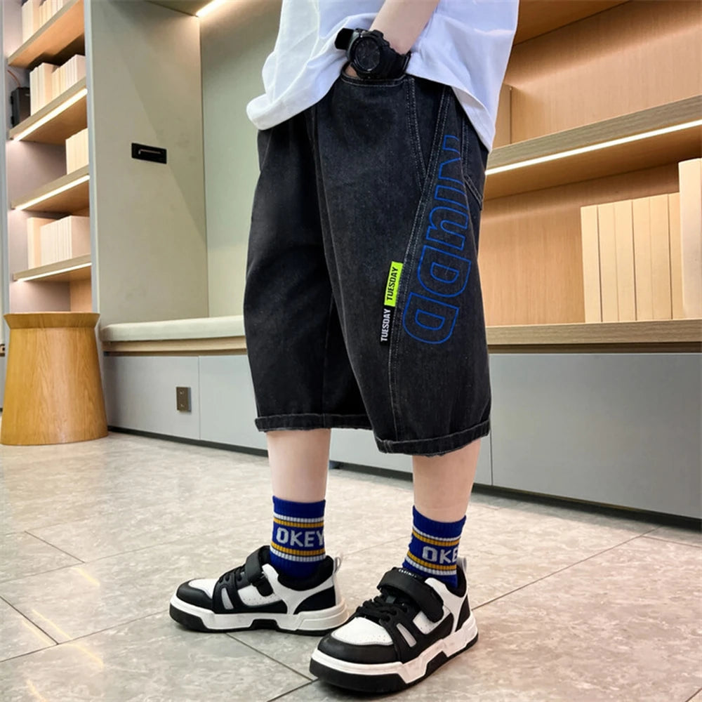 Teen Boys Shorts New Casual Alphabet Cotton Thin Denim Ffabric Children Short Jeans Clothing for Boy 4 6 8 10 12 14 16 Years