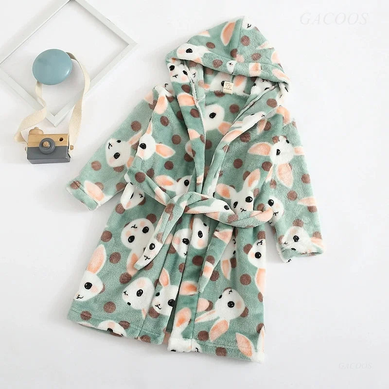 2025 Kids Hooded Flannel Bathrobe Baby Bath Bear Printed Robes Boys Girls Cute Cartoon Soft Warm Pajamas Long Sleeve Towel Robe