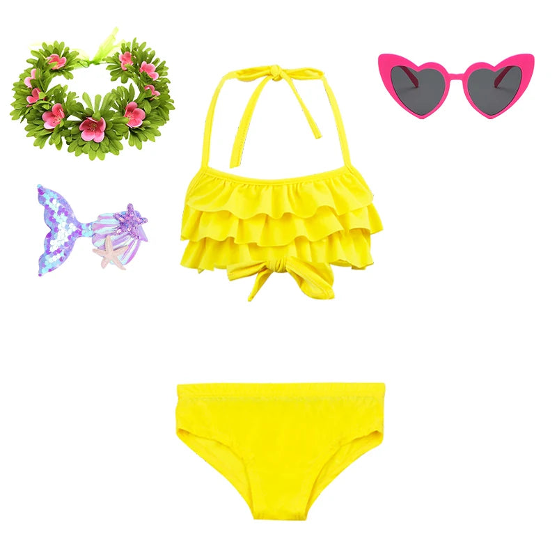 2Pcs/Set Fashion Girls Sling Bikini Summer Holiday Kids Swimsuit Children's Beach Vacation Beachwear Ruffle Style Split Swimwear