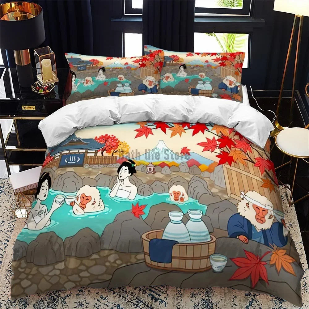 Bedding Set Japanese Painting Landscape Printed  For Kids Girl Luxury Bedding Set Duvet Cover Pillowcase Game Elements