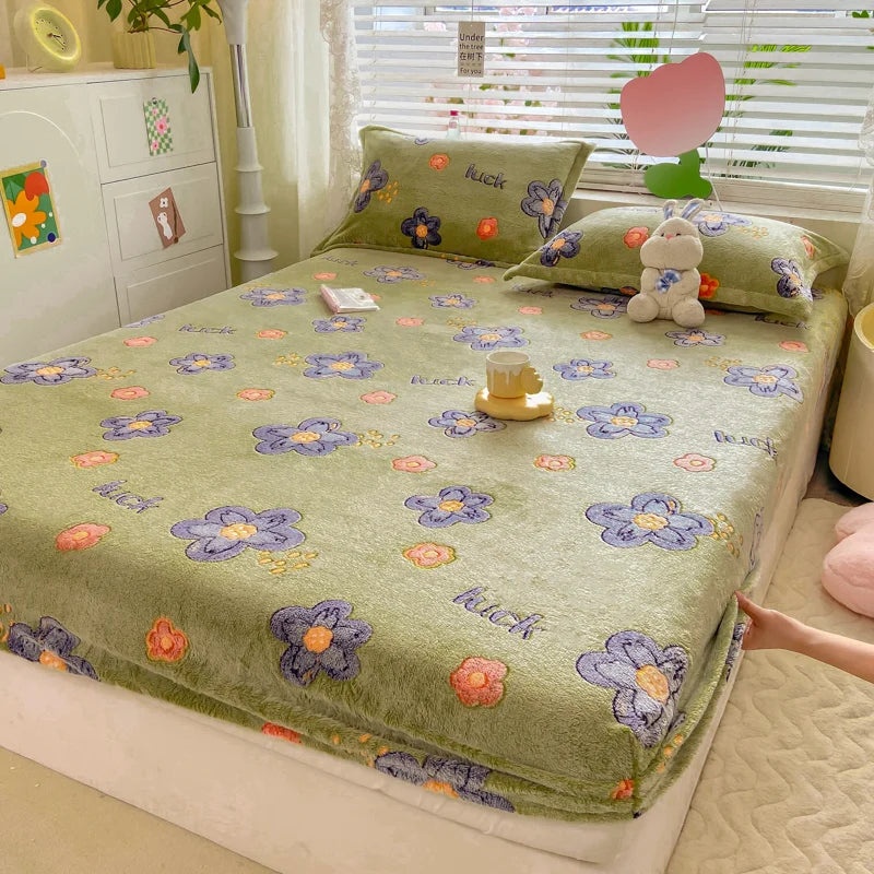 Bedspreads Milk Velvet Fitted Sheet Thick Flannel Warm Headboards All-Around Elastic Double Bed Sheets Bed Cover Mattress Cover