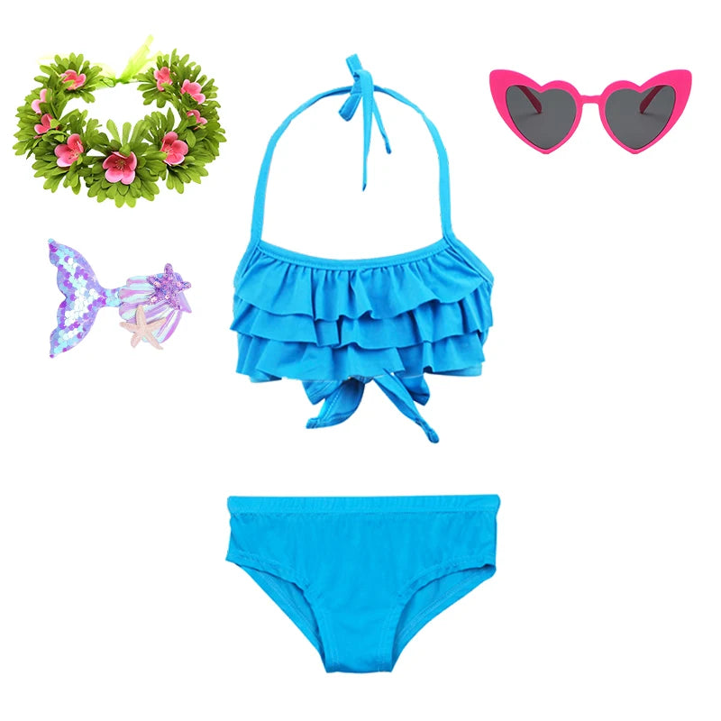 2Pcs/Set Fashion Girls Sling Bikini Summer Holiday Kids Swimsuit Children's Beach Vacation Beachwear Ruffle Style Split Swimwear