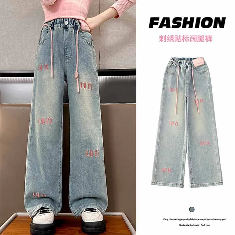 New Girls Letter Jeans Spring Autumn Kids Loose Fashion Casual Trousers Children Temperament Elastic Straight Pants 2-12 Years