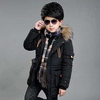 5 6 8 10 12 14 Years Big Boys Jacket Autumn Winter Plus Velvet Warm Teen Kids Jackets Fashion Mid-Length Zipper Hooded Boys Coat