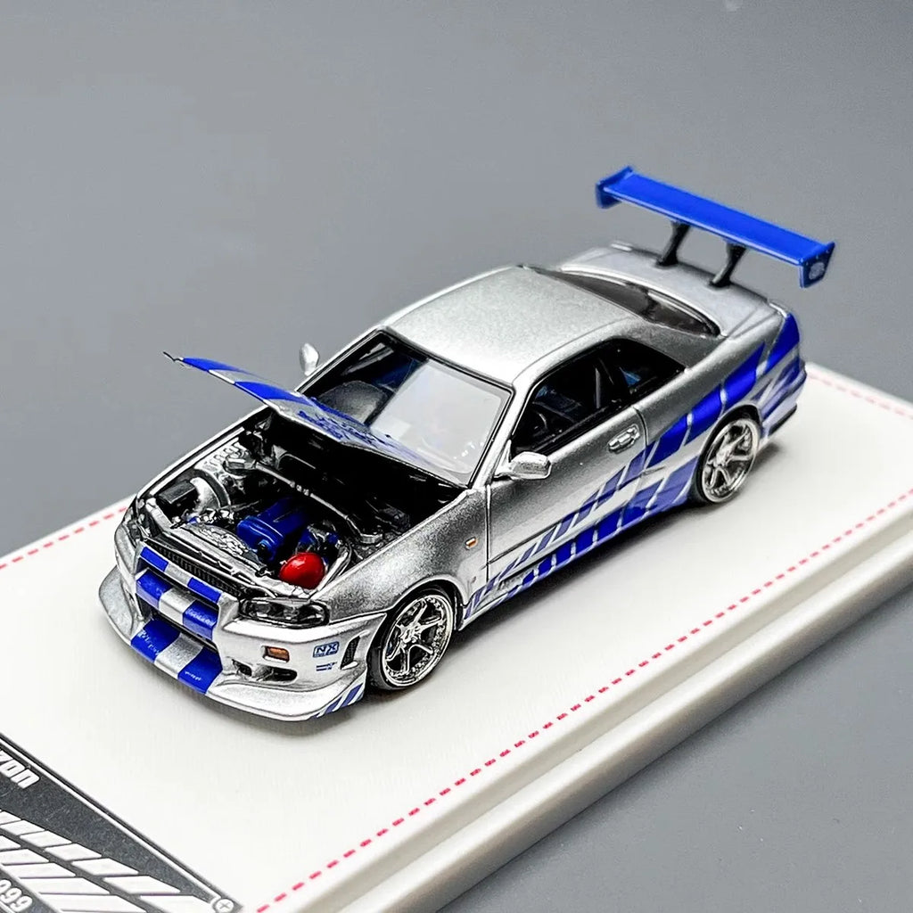 FH 1:64 GT-R R34 Skyline Fast & Furious Openable Front Cover Alloy Car Model