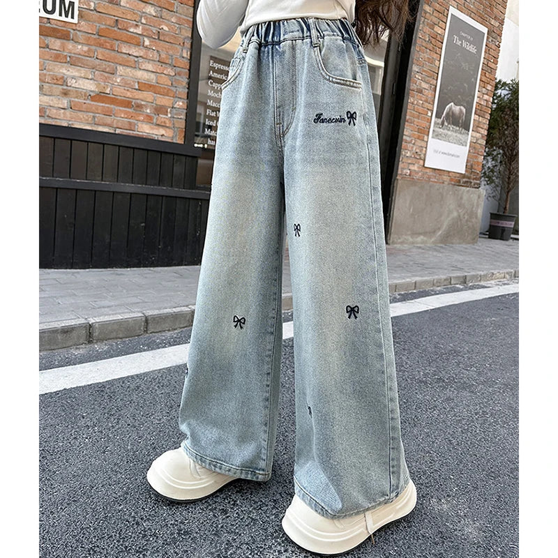 New 4-14 Years Spring Autumn Teenage Girls Jeans Full Print Bow Embroidery Fashion Wide-leg Denim Pants For Kids