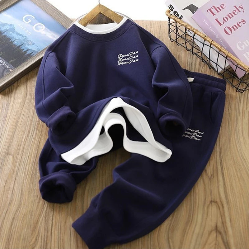 4 5 6 8 10 12 14 Years Boys Clothing Set Spring Autumn New Fake Two Pieces Sweatshirt+Pants 2Pcs For Teen Boys Casual Tracksuit