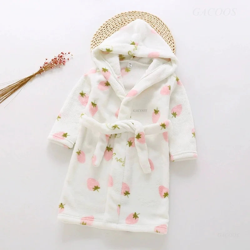 2025 Kids Hooded Flannel Bathrobe Baby Bath Bear Printed Robes Boys Girls Cute Cartoon Soft Warm Pajamas Long Sleeve Towel Robe