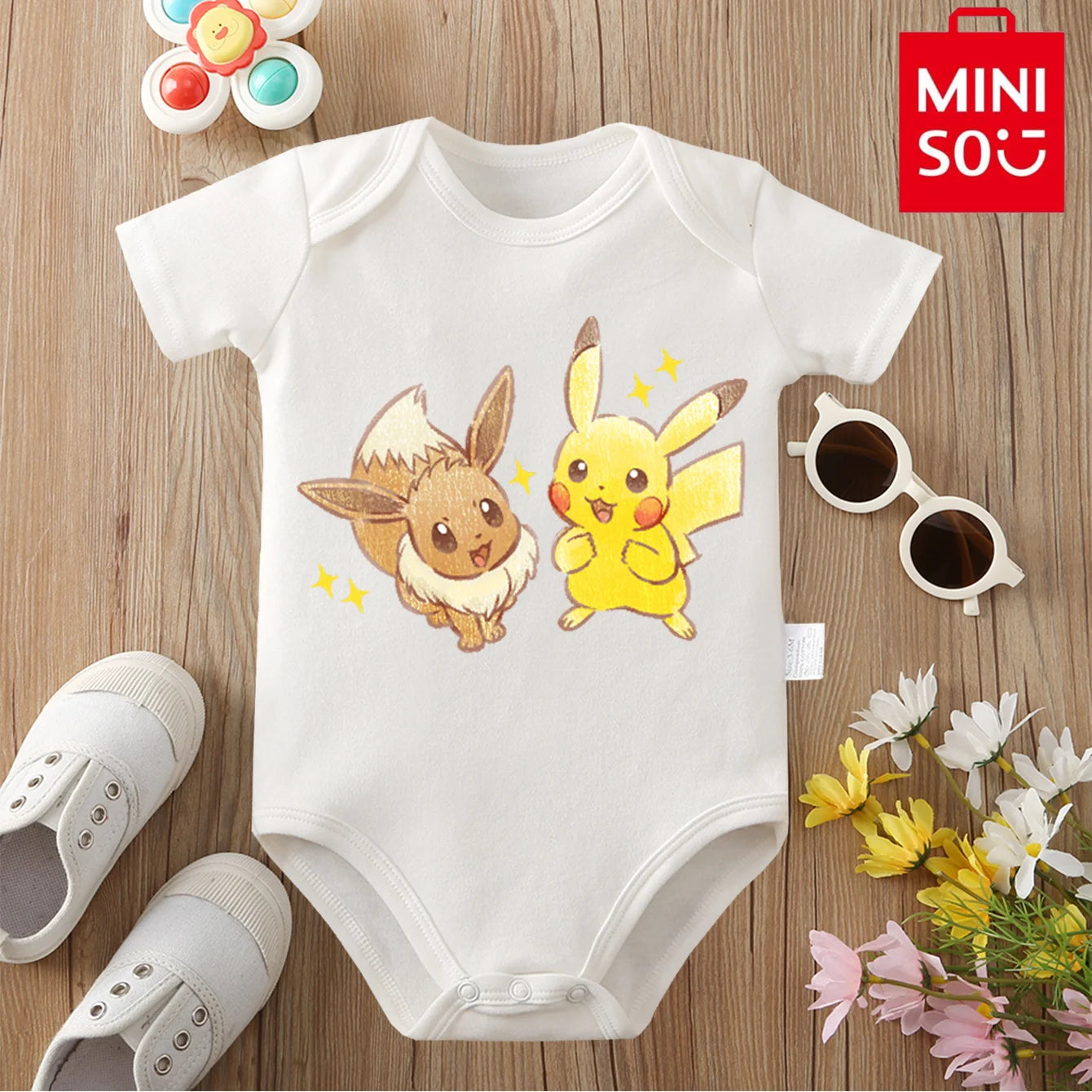 MINISO Pure Cotton Cute Pokemon Pikachu Print Bodysuit Baby Soft Cloths Gift for Baby Onesie Jumpsuit for 0 To 12 Months Newborn