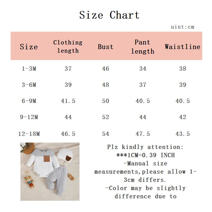 3PCS Newborn Baby Boy Clothes Set Long Sleeved Color Blocked Bodysuit+Gray Pants+Hat Autumn Clothing for Toddlers 1-18 Months