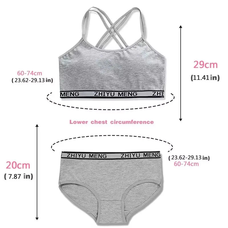 Teens Girls Cotton Training Bra Summer Breathable Briefs Panties Set Puberty Clothing 8-16 Years