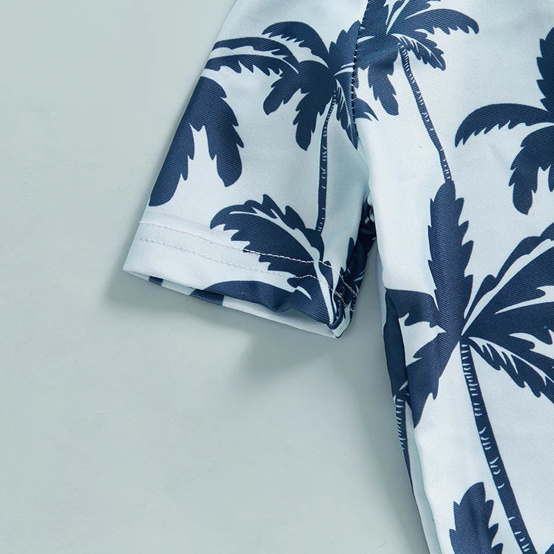 Summer Toddler Infant Baby Boys Girl Rash Guard Swimsuit Coconut Tree Print Short Sleeve Mock Neck Zip Bathing Suit