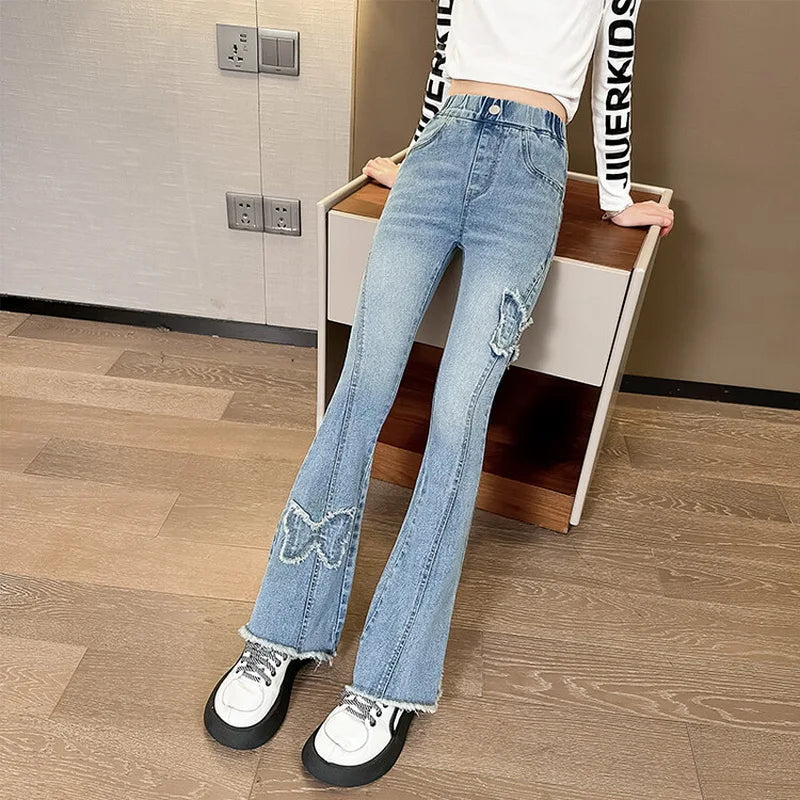 Fashion Jeans for Girls with Butterfly New Arrvial Kids Vintage Tight Denim Flare Pants 2024 Spring Autumn Teenage Slim Trousers