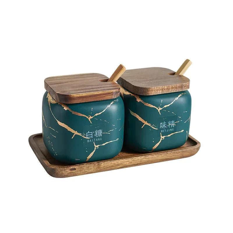 Japanese Kitchen Frosted Seasoning Pot Set Two Pack Marble Ceramic Household Combined Seasoning Box Salt Sugar Seasoning Bottle