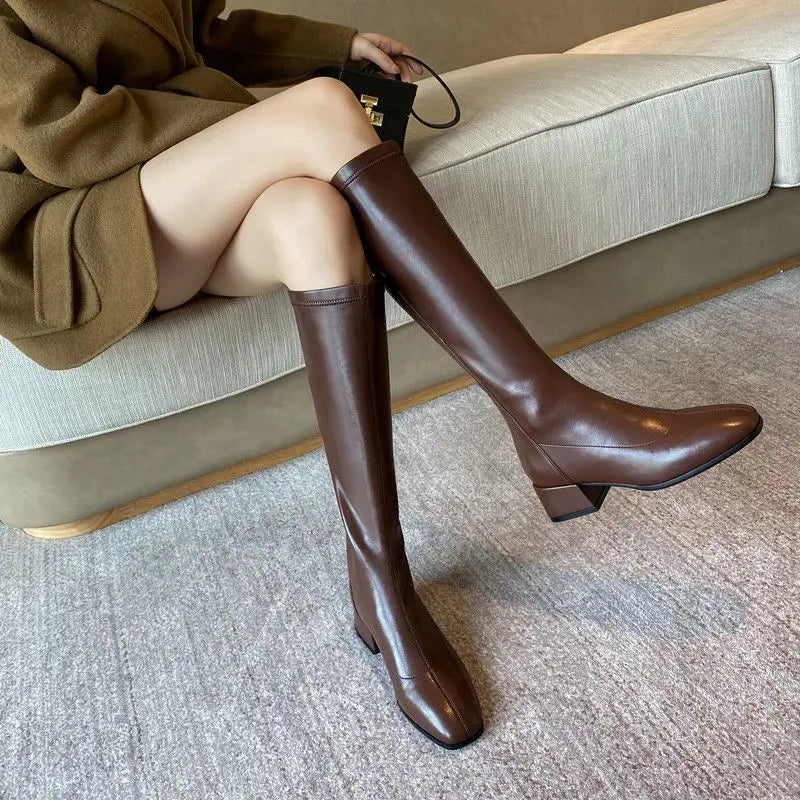 Ladies Boots Elastic Brown Middle Heel Footwear Square Toe Shoes for Women New in Designer Luxury Winter 2025 Novelty Fashion Pu