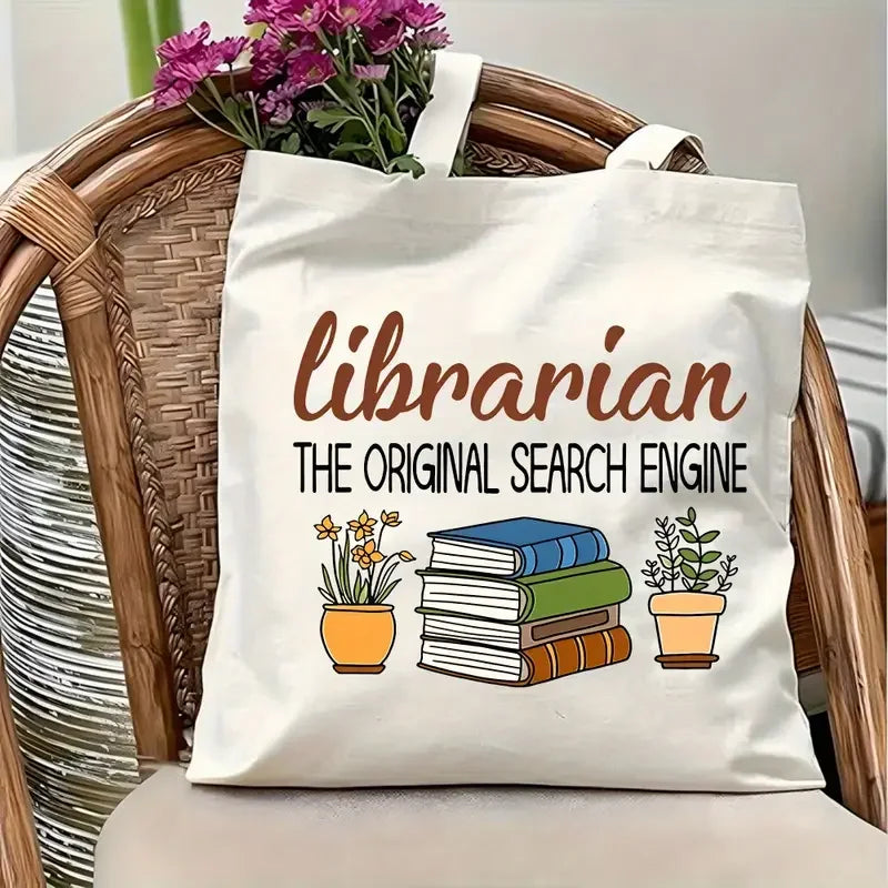 Canvas Tote Bag with Floral Book Reusable Shopping Bag Everyday Carryall for Books, Travel Gift for Readers and Plant Lovers