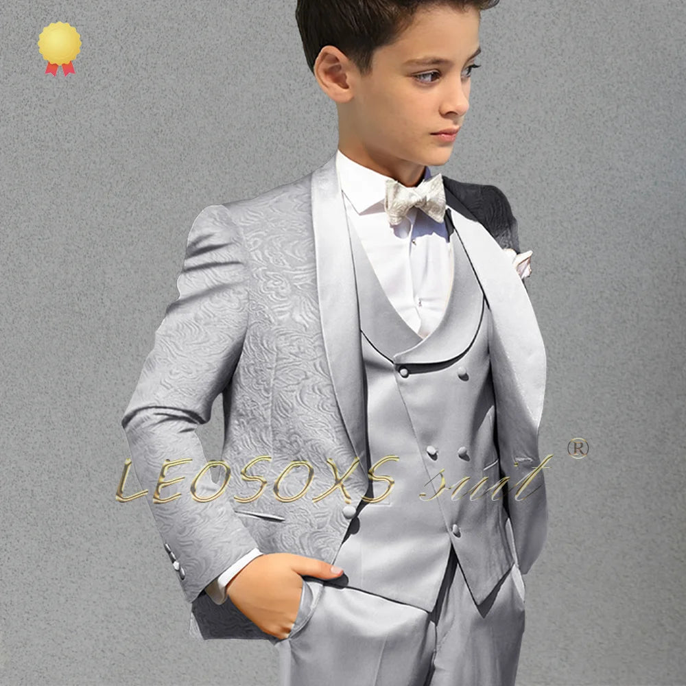 Boys Champagne Jacquard Coat Dress Set (Coat + Vest + Pants) Children Wedding Party Birthday Gift Elegant Gentleman Tuxedo