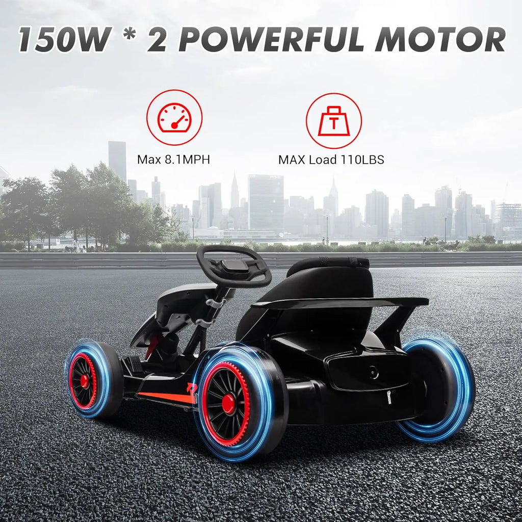 Go Kart, Electric Drift Kart Car with Adjustable Seat 24V 7Ah Outdoor Ride On Toy 2 * 200W Motor, 8.1 MPH, LED Lights 6-12 Years