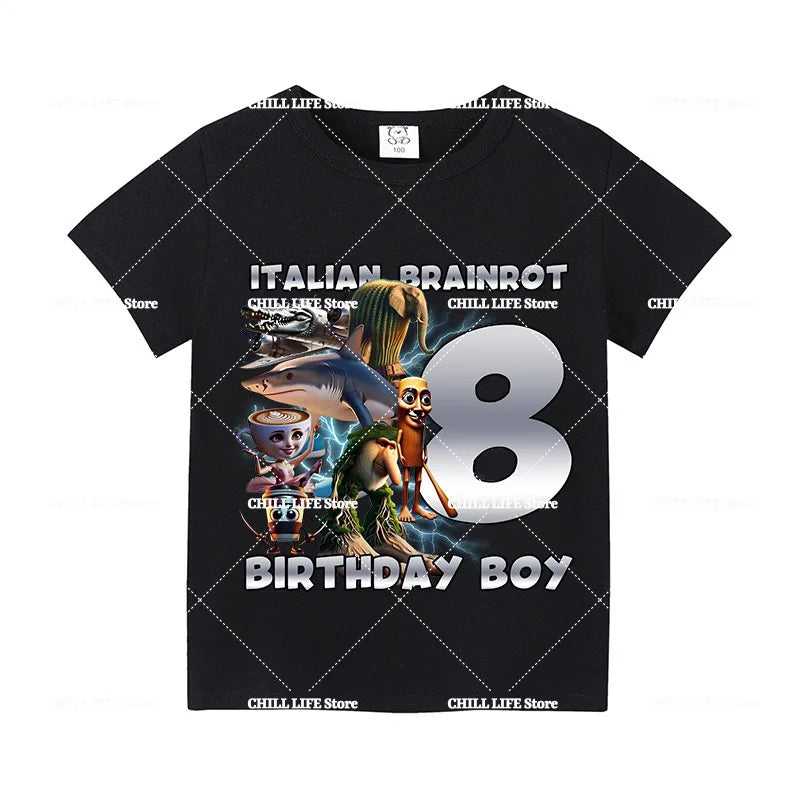 Italian Brainro Kids Birthday Number T-shirts Tung Tung Tung Sahur Summer Clothes Funny Meme Short Sleeves Tops Boys Girls Tees