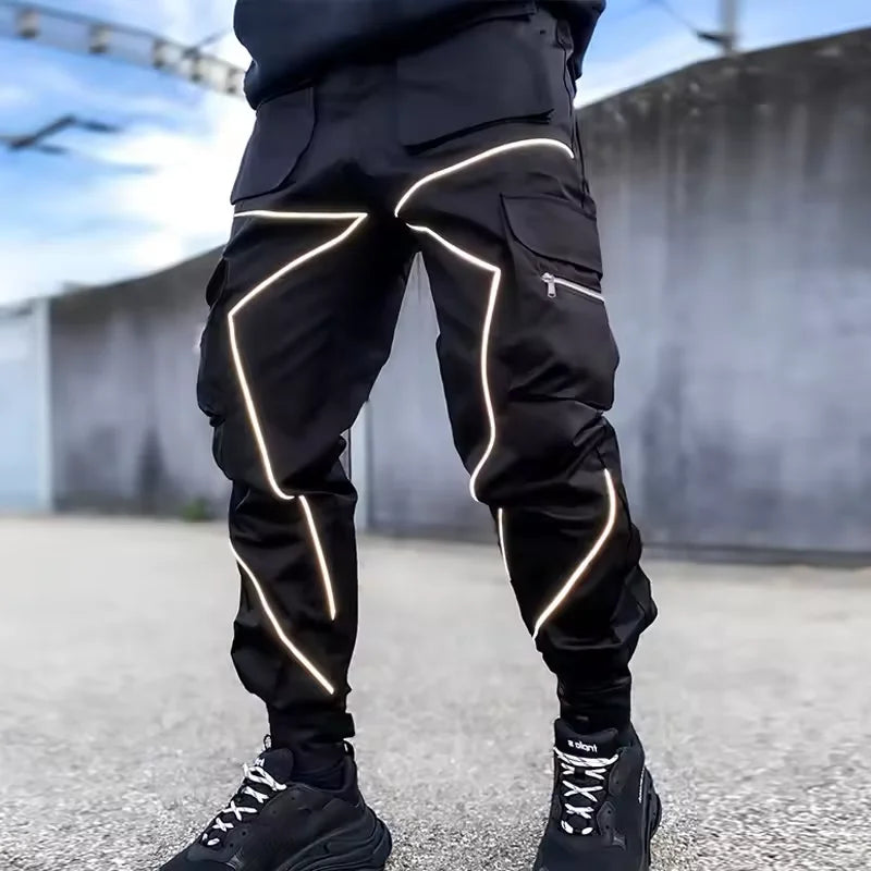 Men's Casual Pants Multi-pocket Cargo Trousers Striped Reflect Sweatpants Breathable Lightweight Jogging Trousers Gym Trackpant